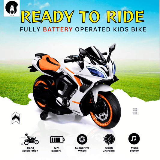 Yamaha R9 electric ride-on bike for kids with rechargeable battery, LED lights, and music player