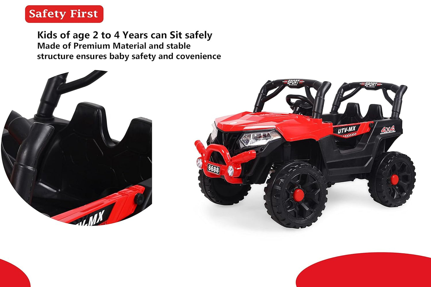 Electric Ride on for Kids | Battery Car For 1 to 7 Year Kids | Car For Kids with Swing Option, Music System, Spring Suspension and Remote Control- Red