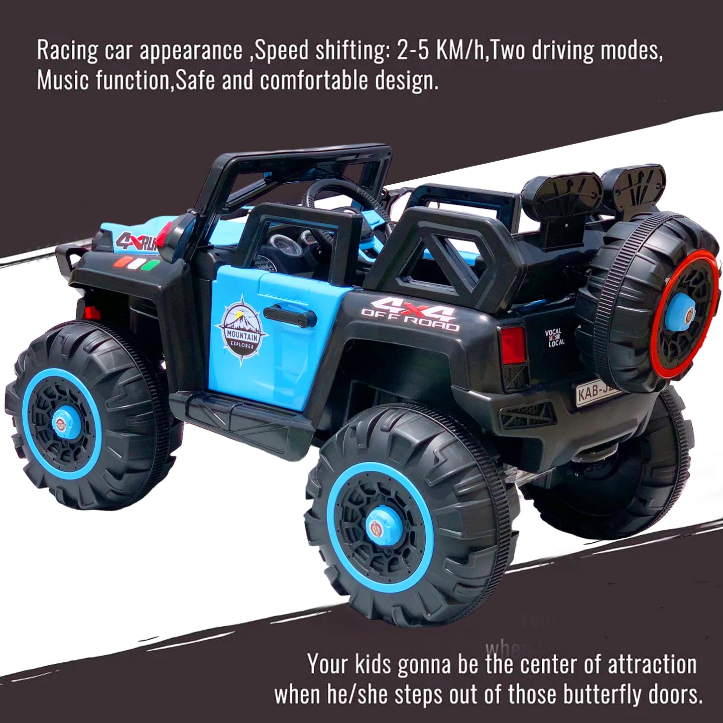 AYAAN TOYS Electric Ride-On Jeep with 4x4 Big Wheels for Kids, Featuring Music, Spring Suspension, Front & Back Swing. Suitable for Ages 1-8 Years. Available in Blue