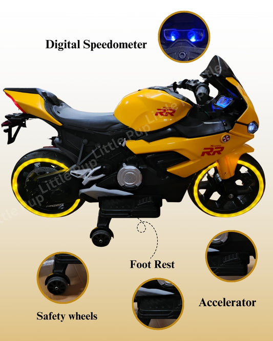 Yellow Yamaha RR kids ride-on motorcycle – 12V battery powered electric sports bike