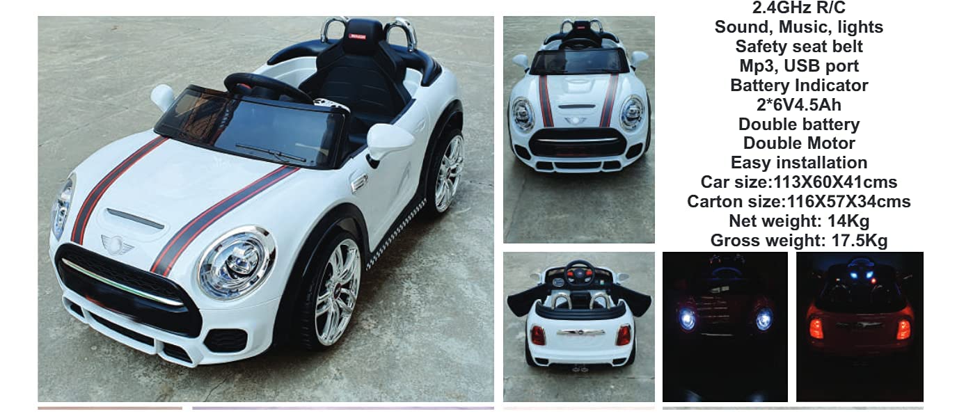 Mini Cooper Electric Ride-On Car for Kids – White | Battery Operated with Remote Control & Music