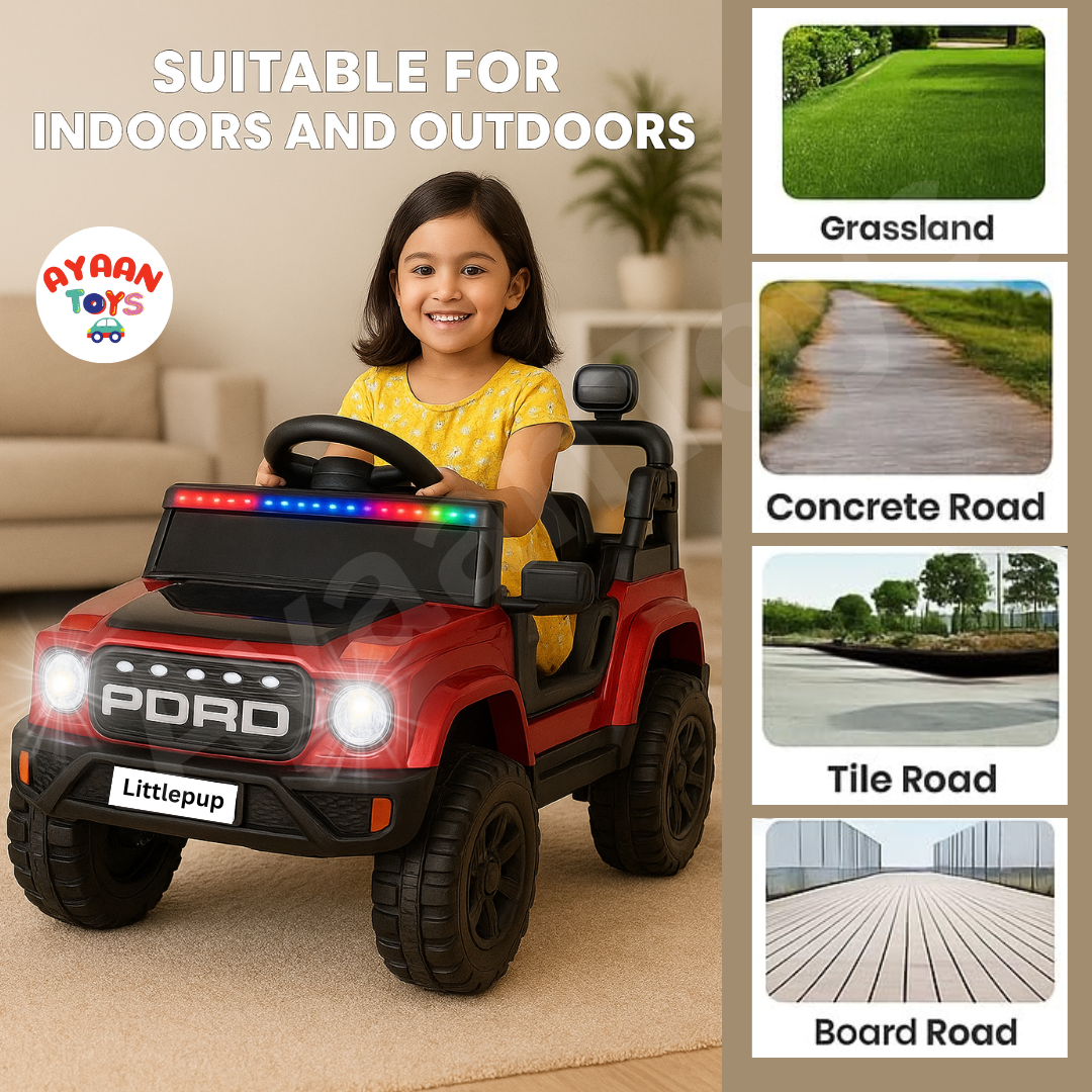 Ayaan Toys - 4x4 Electric Jeep Ride-on Car for Kids, 12V Battery Powered, Red Plastic, Remote Control, Bluetooth Music, LED Lights, Manual Drive, Ages 1-6 Years, 86x63x53cm