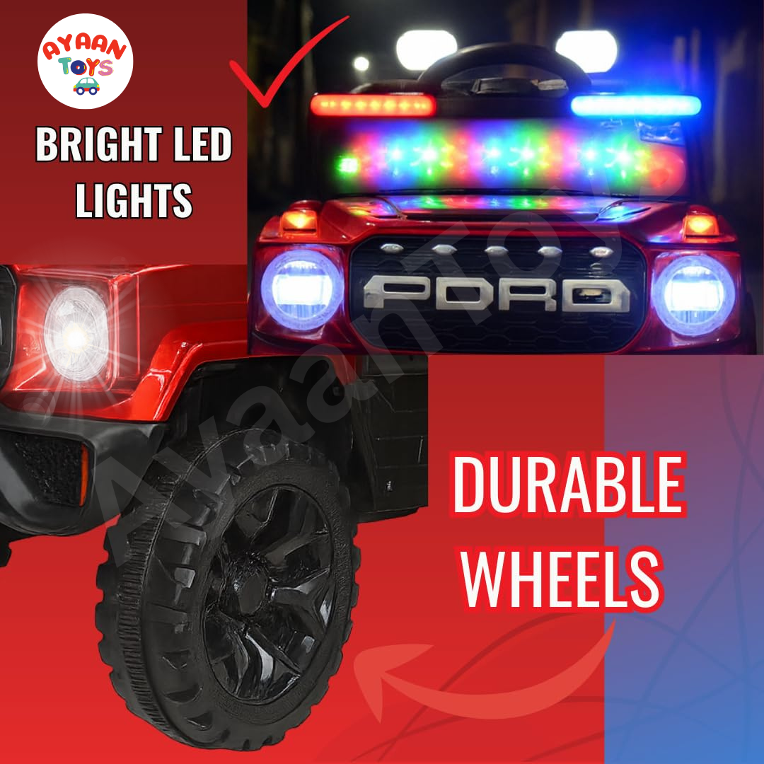 Ayaan Toys - 4x4 Electric Jeep Ride-on Car for Kids, 12V Battery Powered, Red Plastic, Remote Control, Bluetooth Music, LED Lights, Manual Drive, Ages 1-6 Years, 86x63x53cm