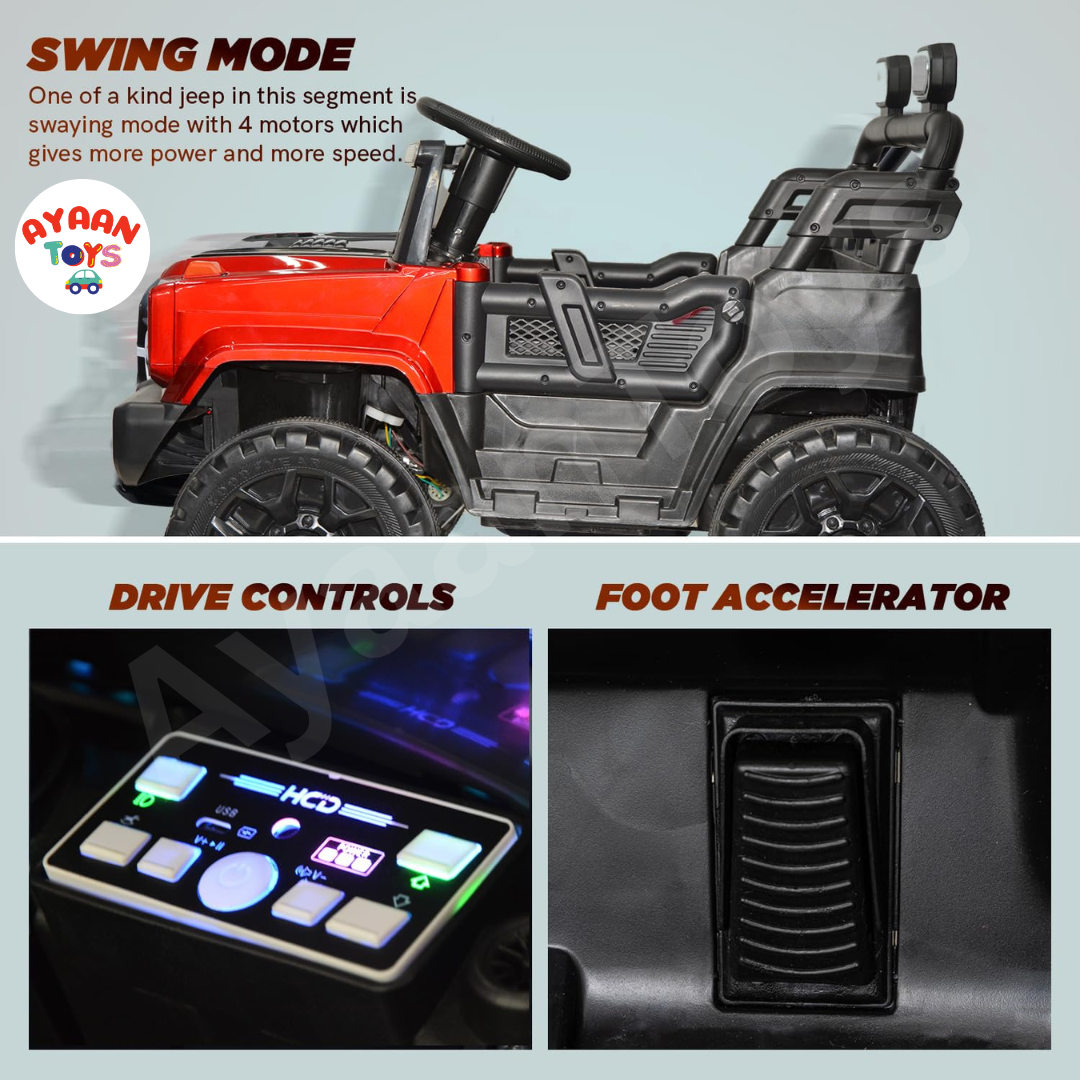 Ayaan Toys - 4x4 Electric Jeep Ride-on Car for Kids, 12V Battery Powered, Red Plastic, Remote Control, Bluetooth Music, LED Lights, Manual Drive, Ages 1-6 Years, 86x63x53cm