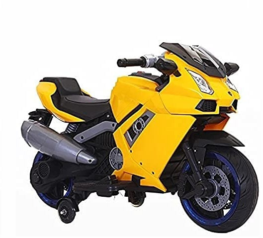 Letzride Battery Operated Electric Sports Ride on Battery Bike for 1 to 6 Years Kids/Boys/Girls with 12V Battery Operated/Music System/Working Lights/Training Wheels-Yellow