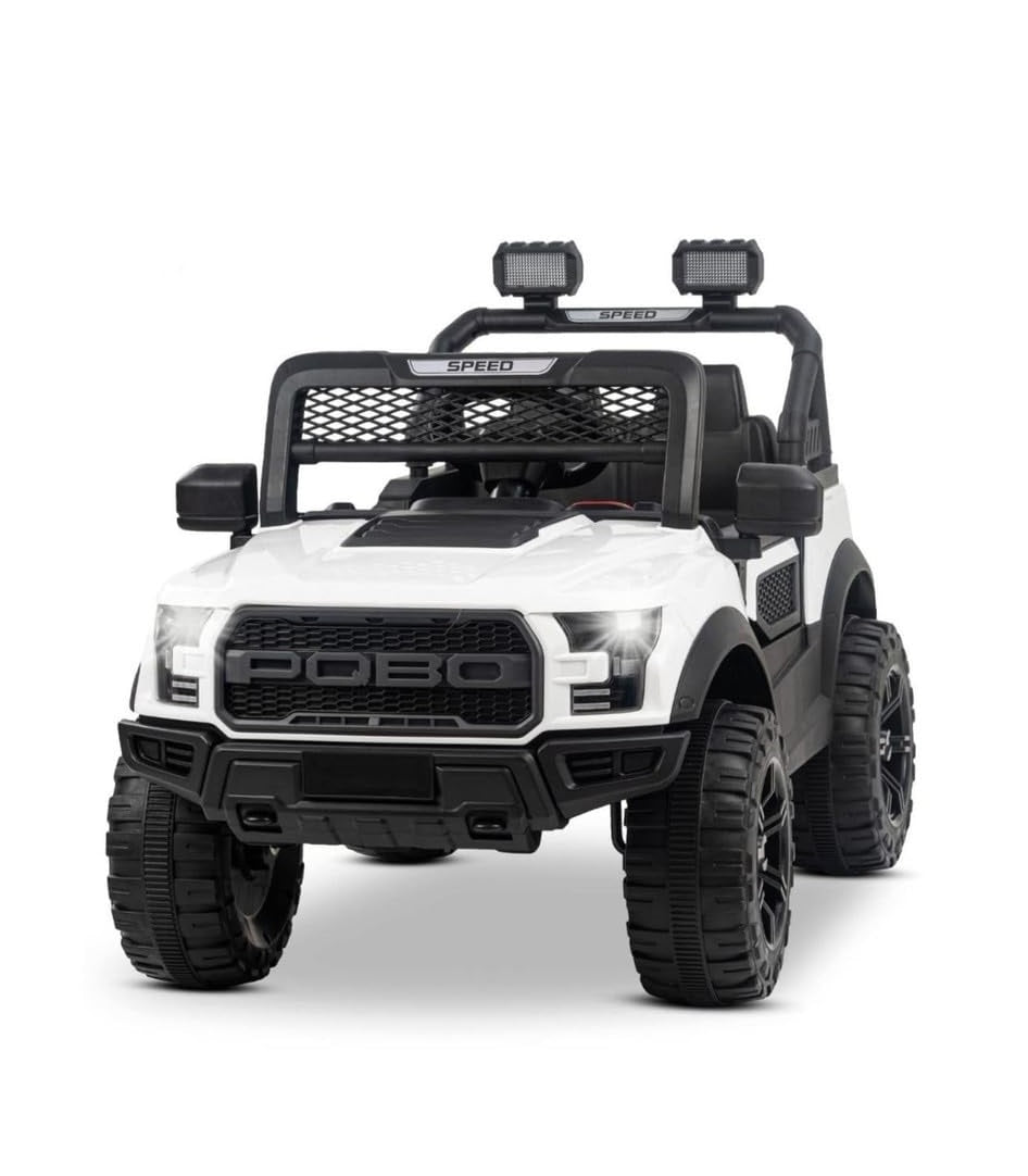 Battery Operated Car For Kids  POBO King White Battery Operated Jeep for Kids Ride on Toy Kids Car with Bluetooth Music & Light Electric Car Jeep Age 1 to 7 Years