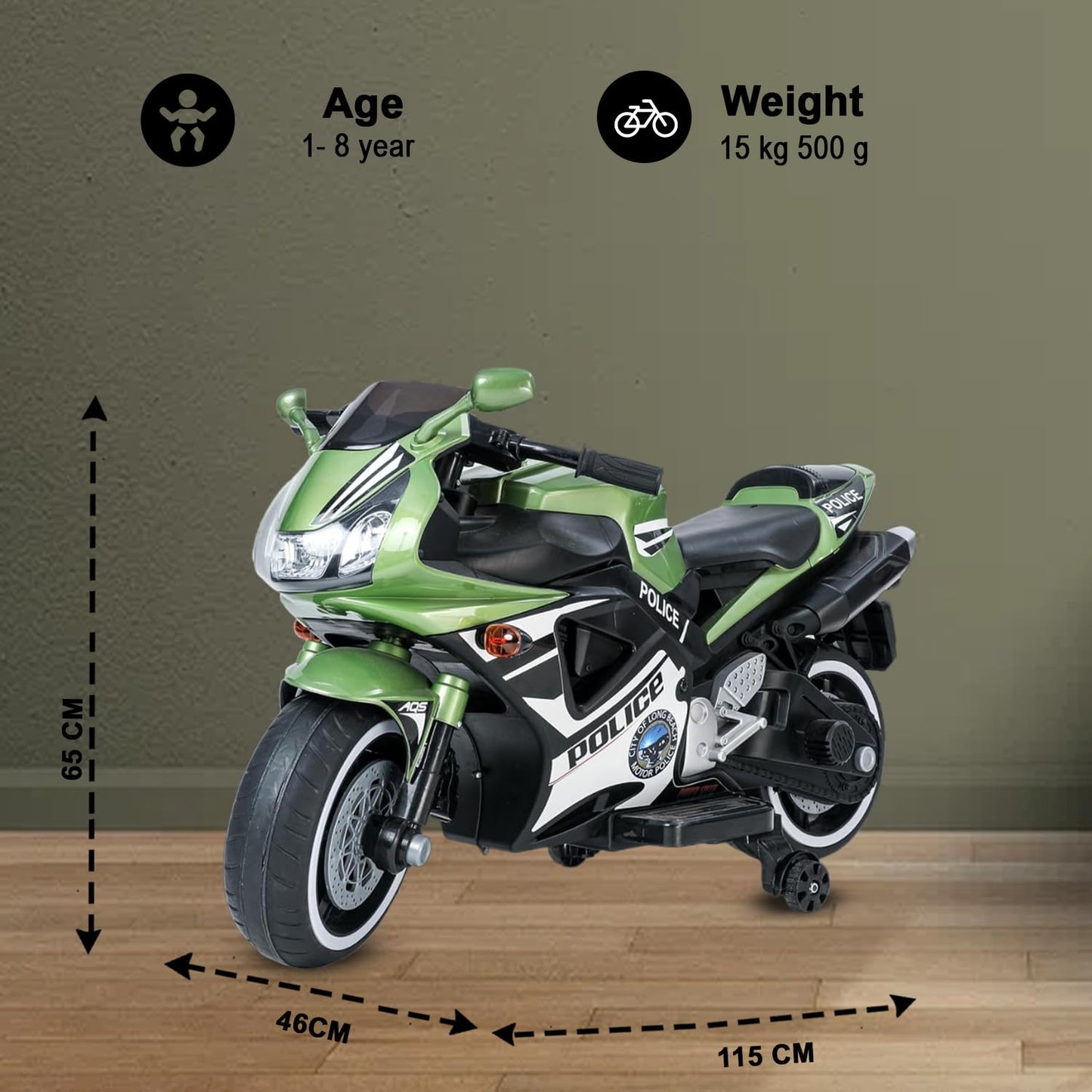 Ayaan Toys Battery-Operated Kids Rib Bike, Ride-on with Music & Lights for Excitement. This Bike is a Thrilling Driving Experience for Children Aged 2 to 8, Electric Police Bike - Green Matalic