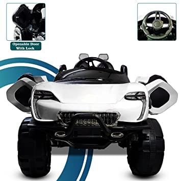Battery Operated Car For Kids| Max-D Ride on Monster Truck Jeep for Kids- The Electric Rechargeable Big Wheeler Jeep with Colored Alloys, Music, Led Lights and Swing| Battery Car for 2 to 8 Years Kid (White)