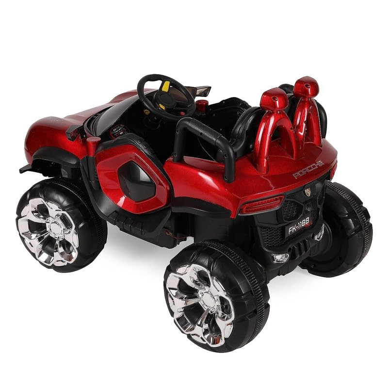 Battery Operated Car For Kids| Max-DX Ride on Monster Truck Jeep for Kids- The Electric Rechargeable Big Wheeler Jeep with Colored Alloys, Music, Led Lights and Swing| Battery Car for 2 to 8 Years Kid - Red