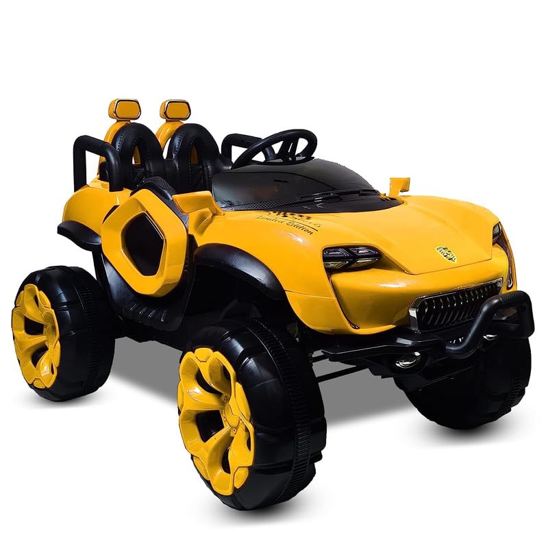 Battery Operated Car For Kids| Max-DX Ride on Monster Truck Jeep for Kids- The Electric Rechargeable Big Wheeler Jeep with Colored Alloys, Music, Led Lights and Swing| Battery Car for 2 to 8 Years Kid - Yellow