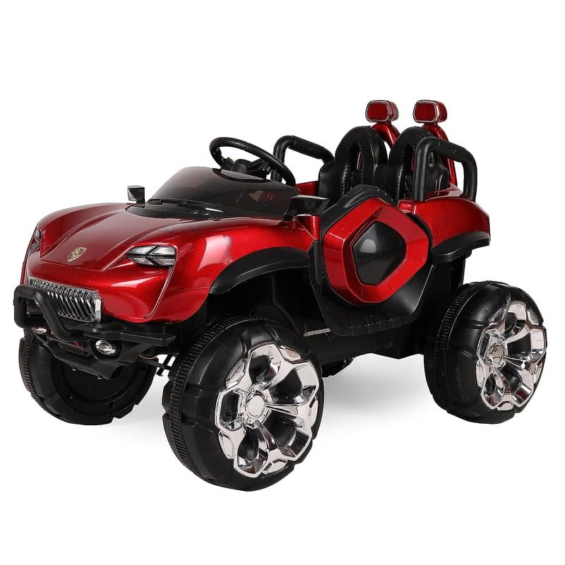 Battery Operated Car For Kids| Max-DX Ride on Monster Truck Jeep for Kids- The Electric Rechargeable Big Wheeler Jeep with Colored Alloys, Music, Led Lights and Swing| Battery Car for 2 to 8 Years Kid - Red