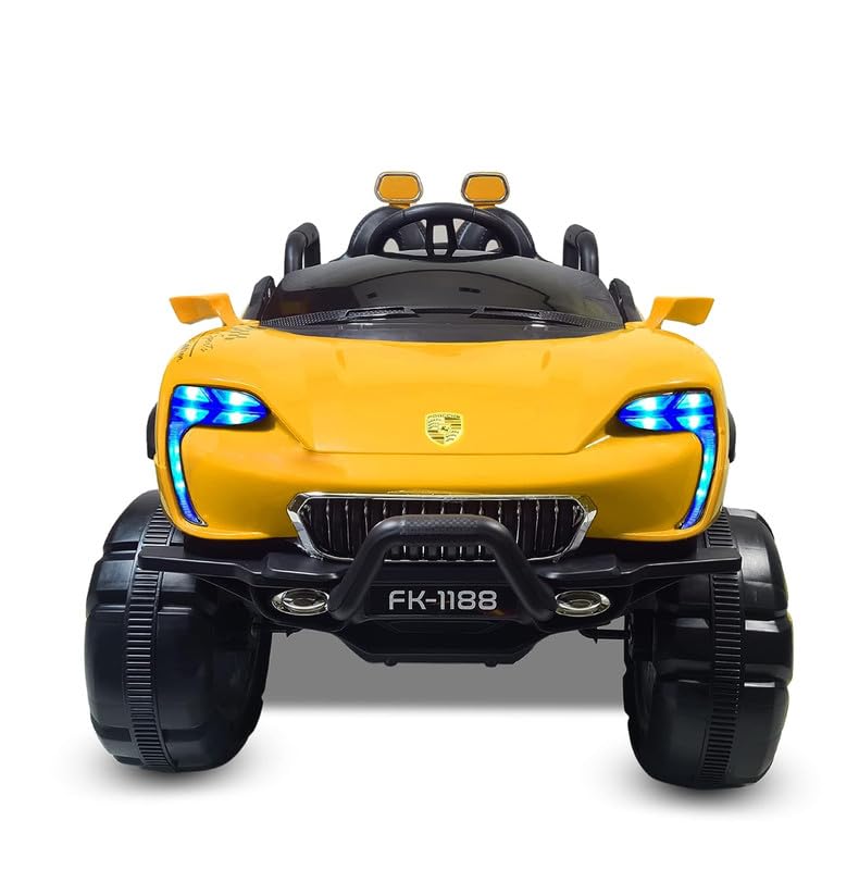 Battery Operated Car For Kids| Max-DX Ride on Monster Truck Jeep for Kids- The Electric Rechargeable Big Wheeler Jeep with Colored Alloys, Music, Led Lights and Swing| Battery Car for 2 to 8 Years Kid - Yellow