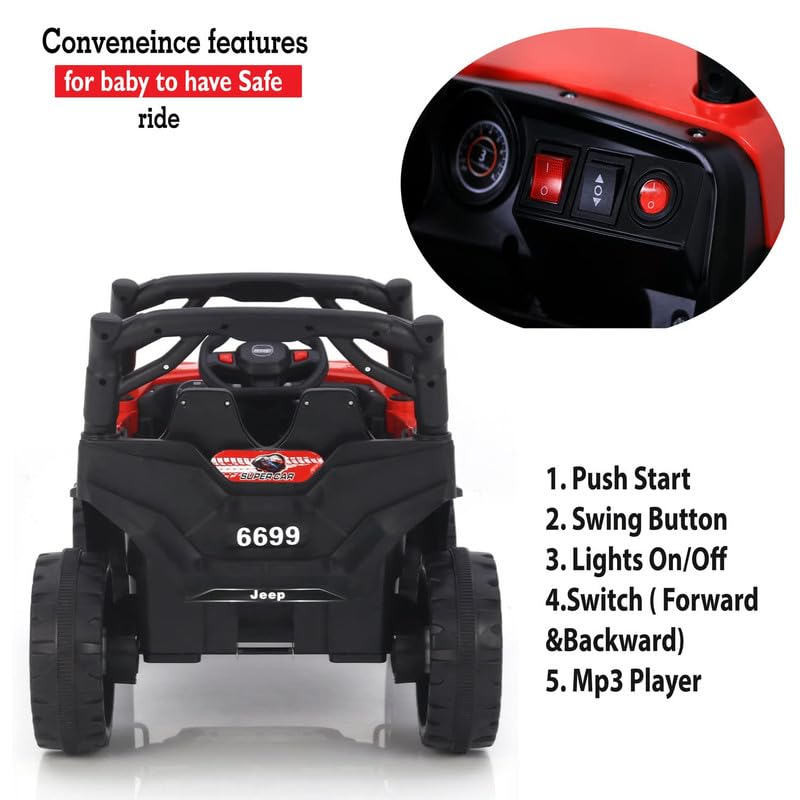 Letzride Electric Ride on Jeep for Kids with Music, Led Lights, Swing, Bluetooth Remote and 12V Battery Operated Car for1 to 4 Years Children to Drive (Red)