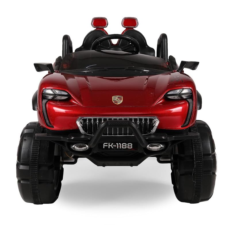 Battery Operated Car For Kids| Max-DX Ride on Monster Truck Jeep for Kids- The Electric Rechargeable Big Wheeler Jeep with Colored Alloys, Music, Led Lights and Swing| Battery Car for 2 to 8 Years Kid - Red