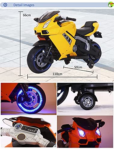 Letzride Battery Operated Electric Sports Ride on Battery Bike for 1 to 6 Years Kids/Boys/Girls with 12V Battery Operated/Music System/Working Lights/Training Wheels-Yellow