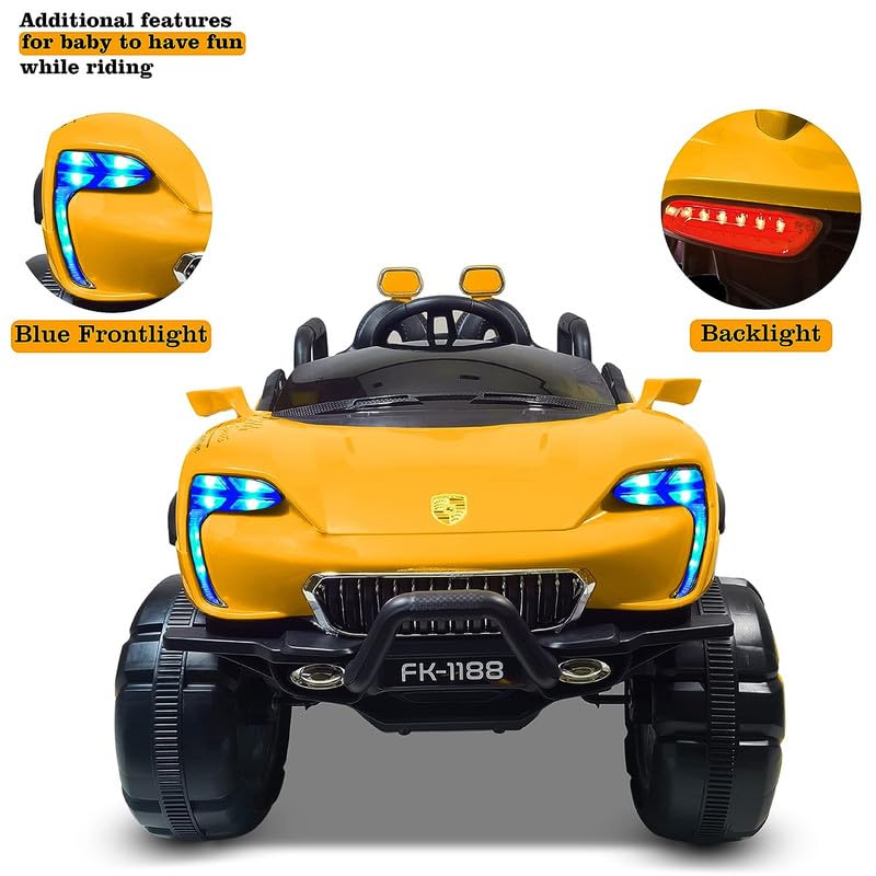 Battery Operated Car For Kids| Max-DX Ride on Monster Truck Jeep for Kids- The Electric Rechargeable Big Wheeler Jeep with Colored Alloys, Music, Led Lights and Swing| Battery Car for 2 to 8 Years Kid - Yellow