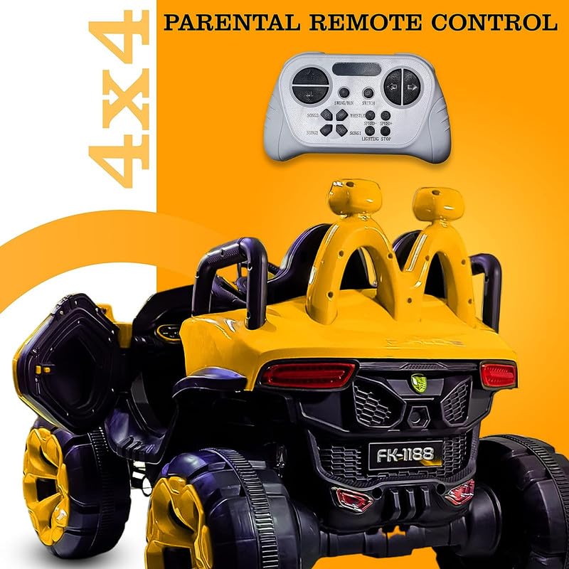 Battery Operated Car For Kids| Max-DX Ride on Monster Truck Jeep for Kids- The Electric Rechargeable Big Wheeler Jeep with Colored Alloys, Music, Led Lights and Swing| Battery Car for 2 to 8 Years Kid - Yellow