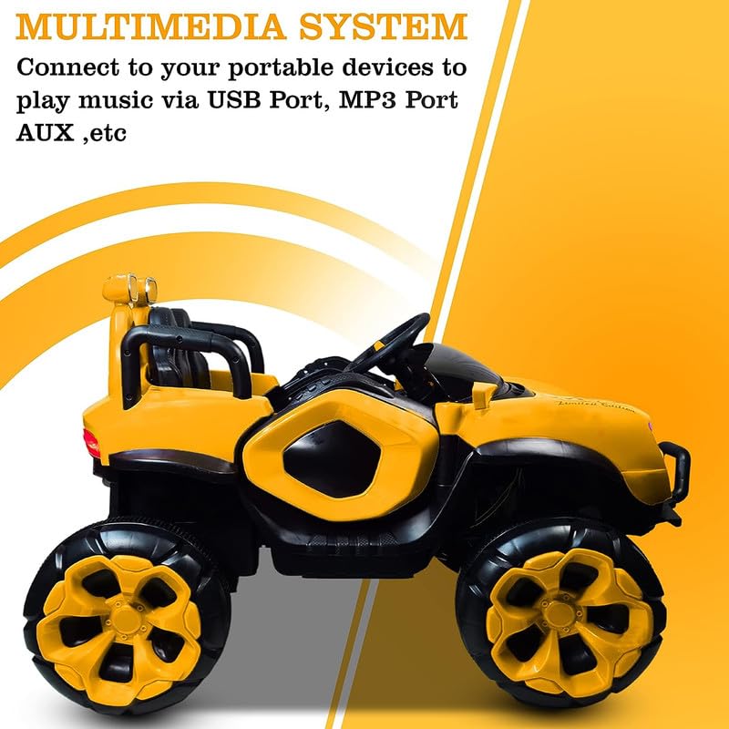 Battery Operated Car For Kids| Max-DX Ride on Monster Truck Jeep for Kids- The Electric Rechargeable Big Wheeler Jeep with Colored Alloys, Music, Led Lights and Swing| Battery Car for 2 to 8 Years Kid - Yellow