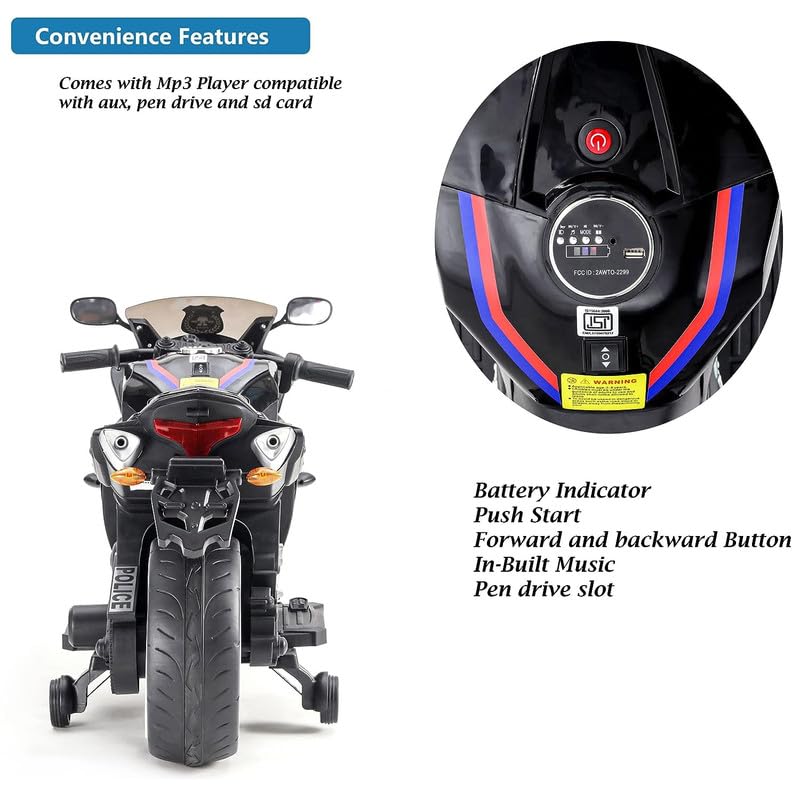 Battery Operated Ride on Bike for Kids of Age 2 to 8 Years- Electric Rechargeable Kids Bike with Hand Race, Music,Led Lights - Black