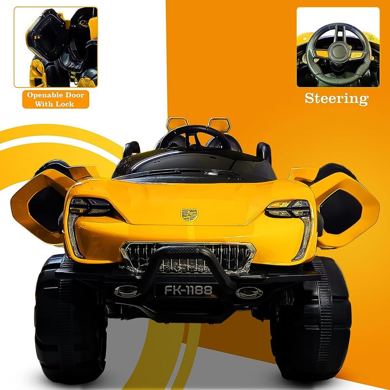 Battery Operated Car For Kids| Max-DX Ride on Monster Truck Jeep for Kids- The Electric Rechargeable Big Wheeler Jeep with Colored Alloys, Music, Led Lights and Swing| Battery Car for 2 to 8 Years Kid - Yellow