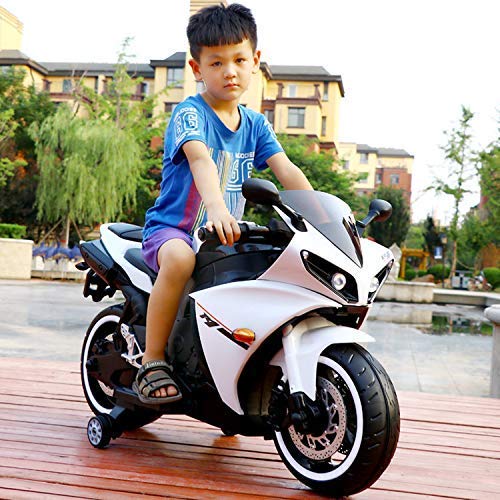 Ayaan Toys Kid's R1 Sports Ride on Bike 12V Battery Operated Music System/Training Wheels, White - 2 to 6 Year