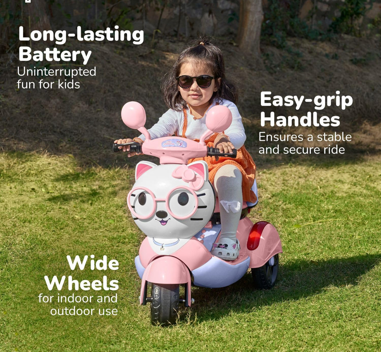 Electric Ride on Kitty Scooter Bike for 1 to 5 Years Baby Girls |Electric Vehicle | 6V Rechargeable Ride-On with Music, Lights & AUX | Forward/Reverse Pedal, 50kg Capacity for Kids