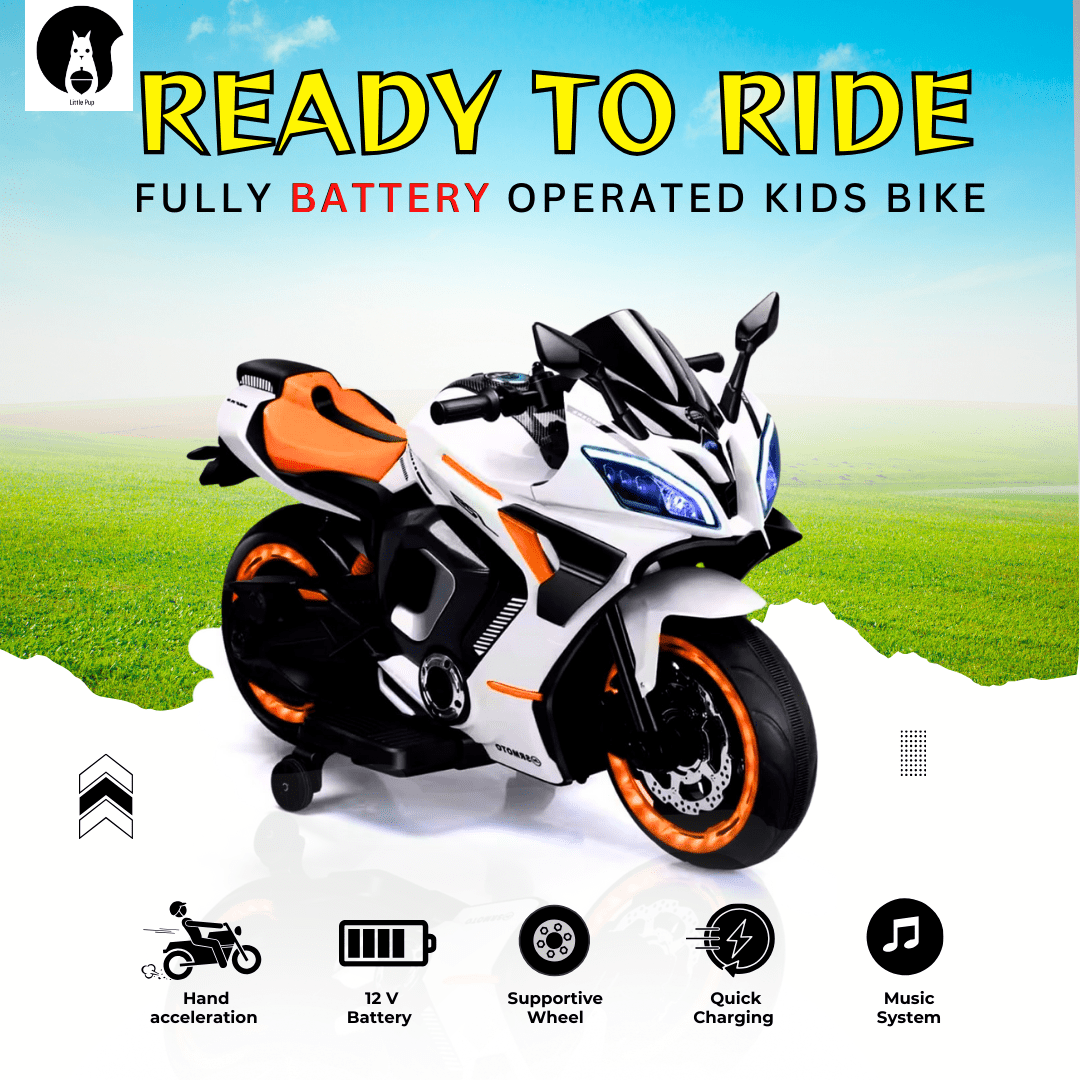 Yamaha R9 electric ride-on bike for kids with rechargeable battery, LED lights, and music player
