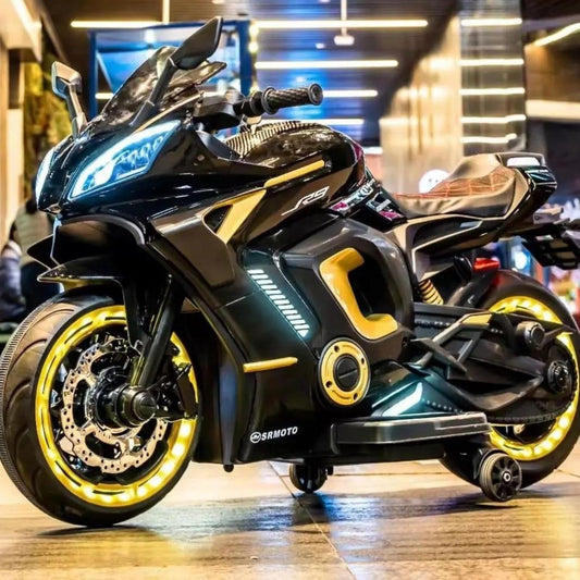 Yamaha R9 electric ride-on bike for kids with LED lights, music, and rechargeable battery