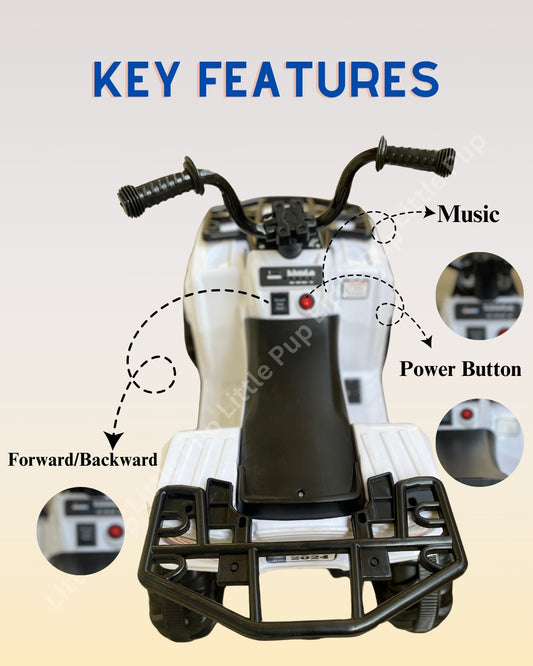 Black and white electric ride-on ATV for kids with music and forward/backward function”