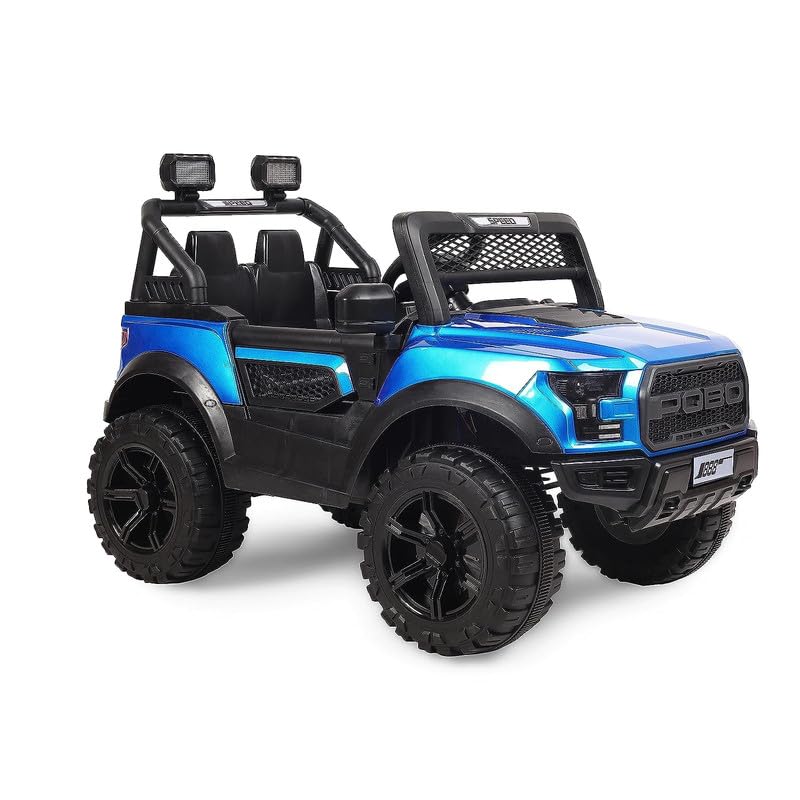 Blue kids battery car with lights, music, and safety seat