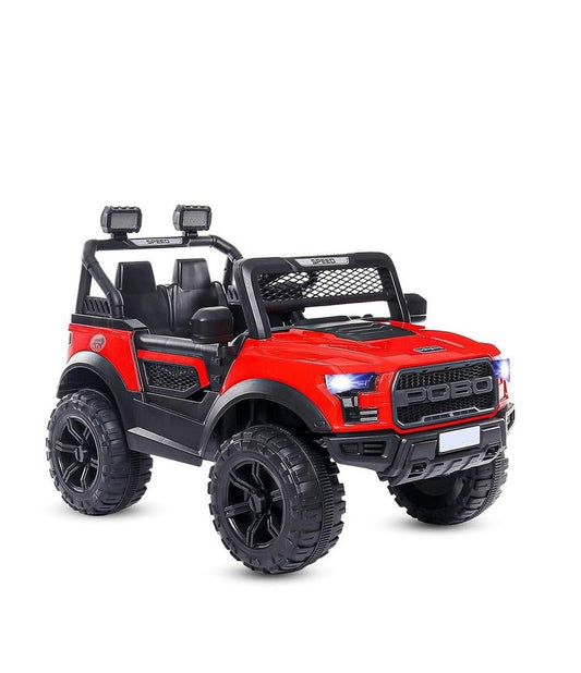 Red 12V battery operated jeep for kids with remote and suspension